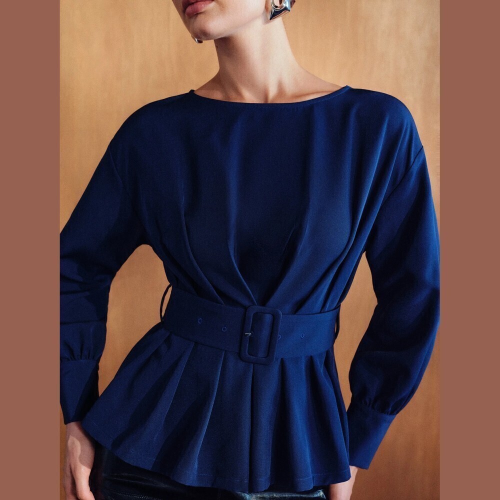 Navy Royal Blue Boat Neck Belted Peplum Blouse with Bishop Sleeves